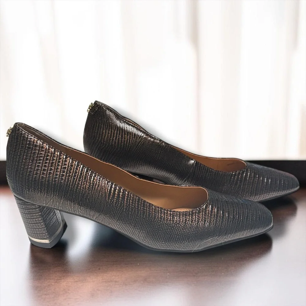 J. Renee Bronze Metallic Lizard Embossed Square Toe Block Heel Pumps